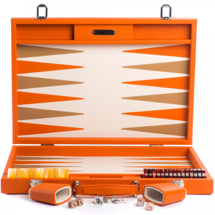Exclusive backgammon set "Baptiste" made of leather, orange